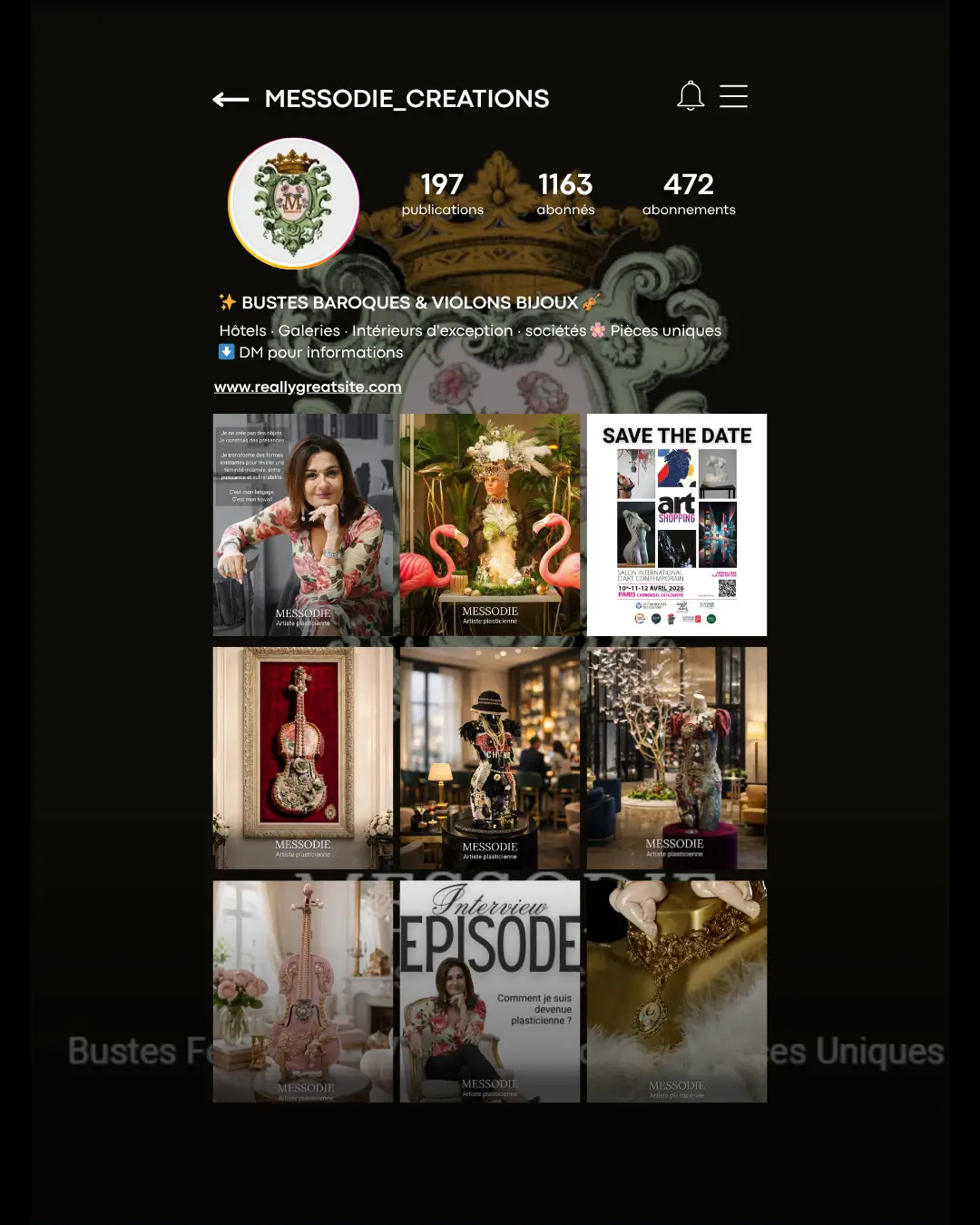 Feed Instagram de MESSODIE - Projet d'accroissement de notoriété pour l'artiste plasticienne