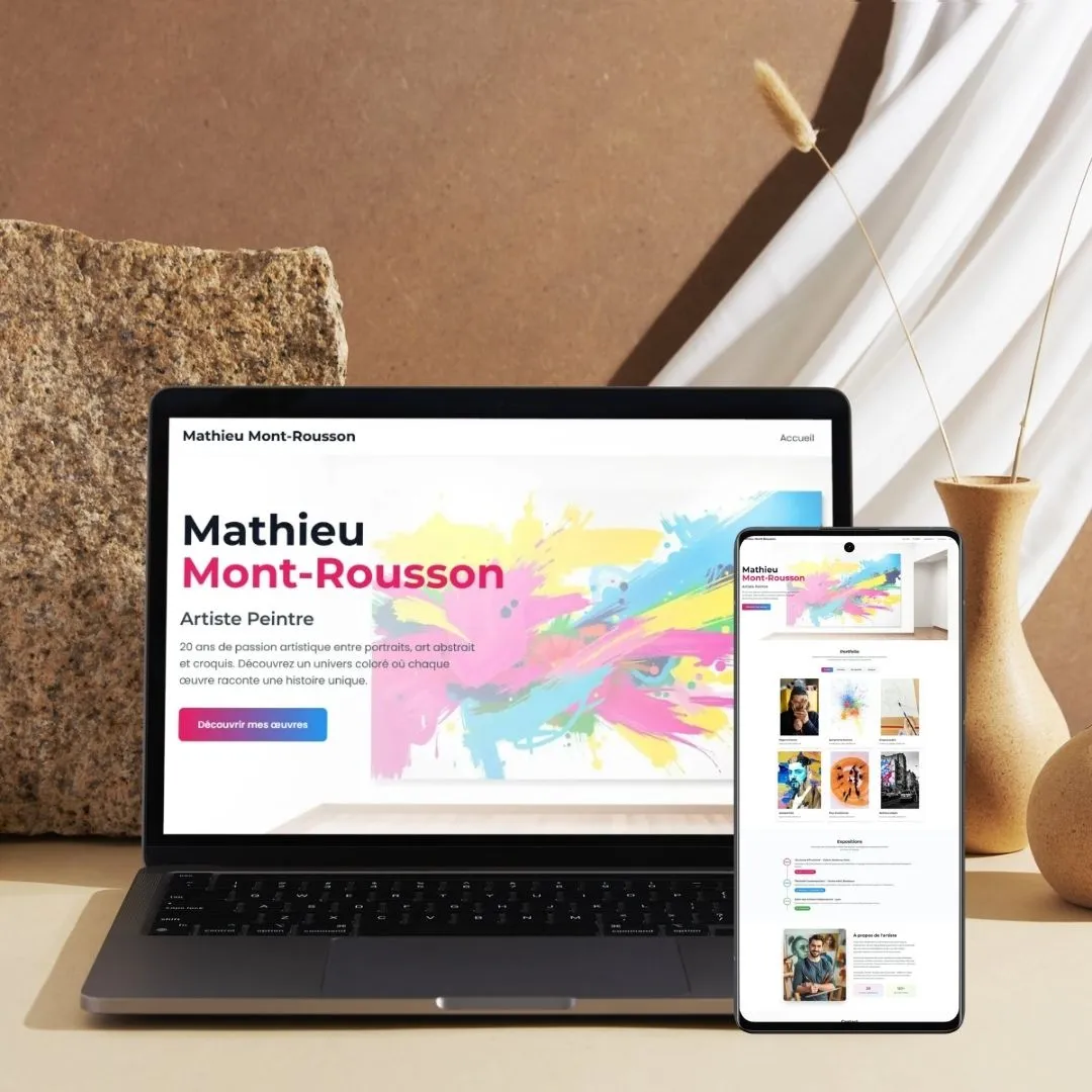Pack visibilité digitale à 99€ qui inclu landing page pro et contenu réseau social pour artisans, artistes et créateurs, présenté sur ordinateur et téléphone